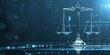 Digital representation of balanced justice scales with a cybernetic background in shades of blue.