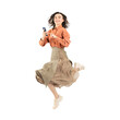© metamorworks - Full body photo of a Caucasian woman jumping while using a smartphone. Full body photo PNG with transparent background precisely cut out with clipping path.