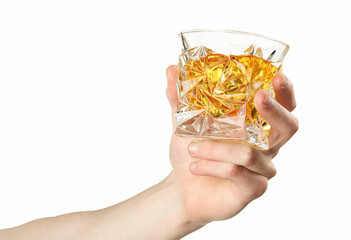 Poster - Man holding glass of whiskey with ice cubes on white background, closeup