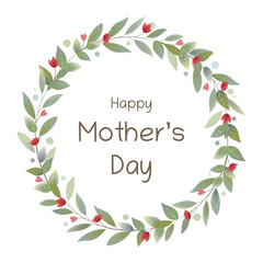 Poster - Happy Mother’s Day - Schriftzug in englischer Sprache - Alles Gute zum Muttertag. Grußkarte mit einem Kranz aus Blättern, roten Blumen und Herzen.
