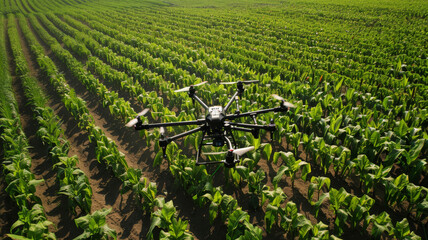 A drone is flying over a corn field.