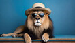 Portrait of a lying relaxed lion with sunglasses and straw hat on blue background. Funny wildlife animal wallpaper.	