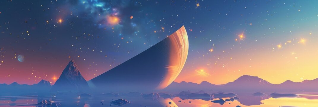 an surrealism simplicity abstract object, with stars background, copy space