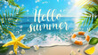Hello summer text on tropical background.