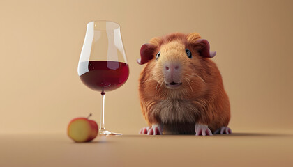 Wall Mural - 3D guinea pig looking at a glass of wine