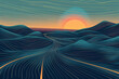 Surreal digital artwork of rolling blue hills at sunset
