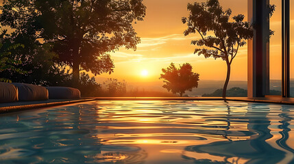 Wall Mural - A pool with a view of trees and a sunset. The water is calm and the sky is orange