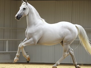 a white horse is running in a field