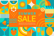 Summer sale geometric banner with simple geometry symbols of hot season. Template offer of big discounts. Posters,flyers, design for covers, web. Invitation for shopping. Vector illustration.