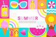 Summer geometric banner with simple geometry shapes,figures and symbols of hot season-girl,watermelon,ice cream, pineapple,cold drinks.Design for posters,flyers,covers,web,invitations,greetings.Vector