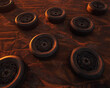 Old car wheels on weathered rusty painted metal sheet.