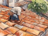 Fototapeta Do pokoju - A man is kneeling on a roof, fixing a tile. The image has a warm, rustic feel to it, with the man's work being a part of the overall atmosphere