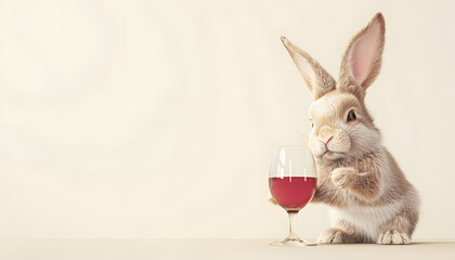 Wall Mural - 3D rabbit looking at a glass of wine and feeling happy