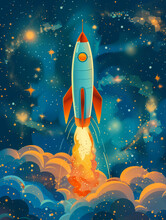 Stellar Takeoff: Rocket Launch Into The Celestial Realm. Rocket's Majestic Into The Night Sky, An Illustration That Beautifully Marries The Wonders Of Space With The Human Spirit Of Exploration.