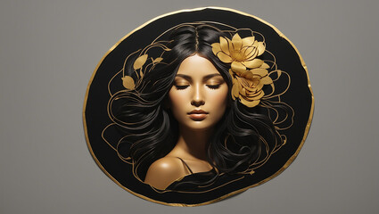 Wall Mural -  gold illustration of a woman's face in profile. The woman has long black hair with a gold flower in it. There are also gold leaves and vines around her head. The illustration is drawn in a realistic 