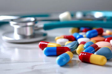 Wall Mural - Close-up of Pharmaceutical pills and capsules with a stethoscope. Health care concept