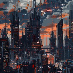 Sticker - A cityscape with tall buildings and a dark sky