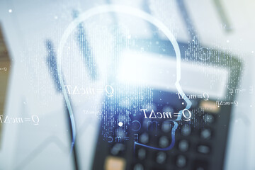 Aufkleber - Abstract virtual artificial Intelligence interface with human head hologram on calculator background. Multiexposure