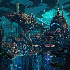 Wall Mural - A futuristic cityscape with tall buildings and a large moon in the sky