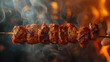 Artistic portrayal of a hand holding a sizzling BBQ skewer, emphasizing smoky details, isolated on a minimalist background, high-definition studio lighting