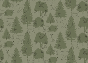 Wall Mural - Forest animal vector seamless pattern. Animals and trees illustration. Nature green camouflage wallpaper design. Monochrome background.