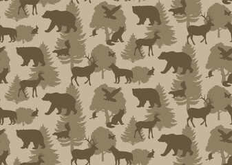 Wall Mural - Forest animal vector seamless pattern. Animals and trees silhouette illustration. Nature brown camouflage wallpaper design. Monochrome background.