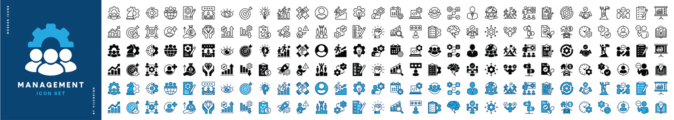 Business and management icon set. Containing teamwork, statistics data, strategy, development, project, manage, plan, schedule, time, partnership, manager, workflow, decision. Vector illustration