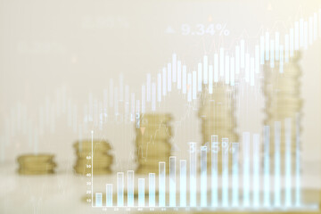 Poster - Multi exposure of virtual abstract financial diagram on growing coins stacks background, banking and accounting concept