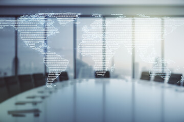 Aufkleber - Multi exposure of abstract creative digital world map hologram on a modern meeting room background, research and analytics concept