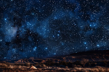 Wall Mural - A desert landscape enveloped in a thick blanket of stars, with a boys' campsite nestled in the midst of the celestial spectacle, offering a breathtaking view of the night sky