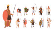Different ancient warriors cartoon characters isolated set, historic personage country defender