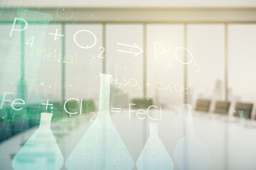 Poster - Abstract virtual chemistry illustration on a modern coworking room background, science and research concept. Multiexposure