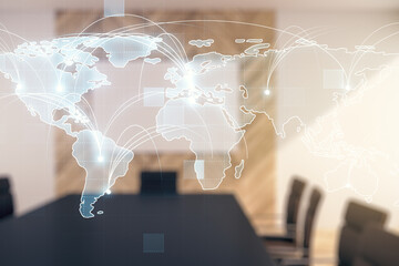 Aufkleber - Abstract graphic digital world map hologram with connections on a modern coworking room background, globalization concept. Multiexposure