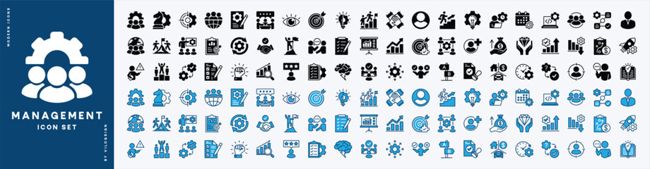 Business management icon set. Containing teamwork, project, strategy, statistics data, development, manage, plan, schedule, time, partnership, manager, workflow, decision, success, achievement