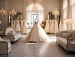 A large, bright, beautiful, wedding dress boutique with a large selection of wedding dresses.