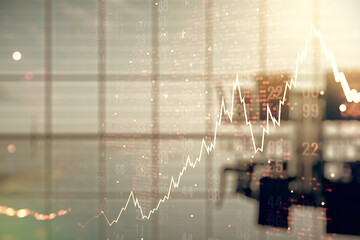 Poster - Double exposure of abstract creative financial diagram and world map on a modern boardroom background, banking and accounting concept