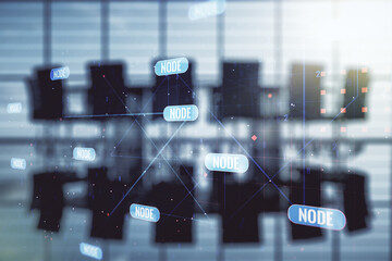 Poster - Multi exposure of abstract programming language hologram on a modern furnished office interior background, artificial intelligence and machine learning concept