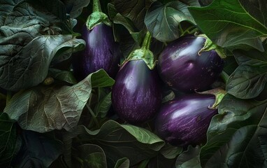 Wall Mural - Beautifully ripe eggplants with a deep, lustrous purple color nestled amidst lush green leaves, creating a visually striking display of nature's bounty.