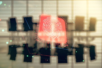 Poster - Multi exposure of virtual creative fingerprint hologram on a modern meeting room background, personal biometric data concept