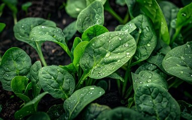 Wall Mural - A lush bed of green spinach leaves, glistening with dew drops and nestled in rich dark soil, exuding a sense of freshness and vitality.