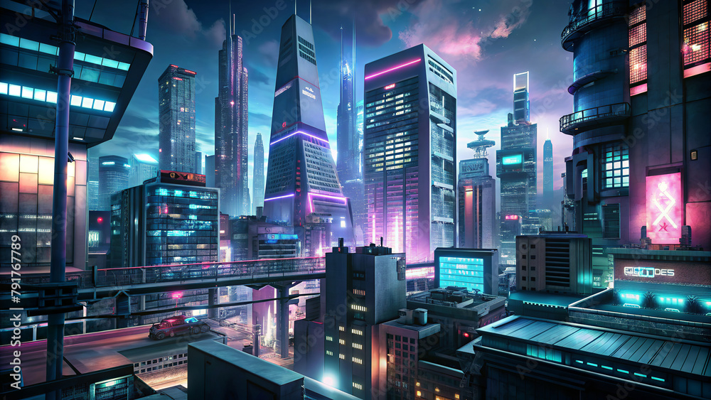 A futuristic cityscape gleams under a twilight sky,with towering ...