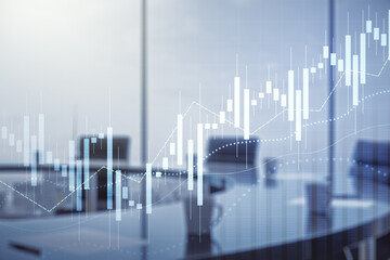 Poster - Abstract virtual financial graph hologram on a modern conference room background, forex and investment concept. Multiexposure