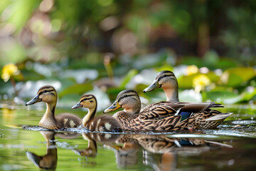 Wall Mural - A family of ducks swimming peacefully in a tranquil pond.