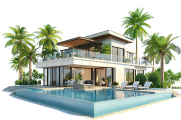 Wall Mural - Beachfront mansion with a tropical oasis featuring a swimming pool, palm trees, and a cabana, isolated on solid white background.