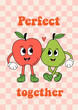 poster with cute apple and pear on a checkered background
