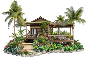 Wall Mural - Beachfront villa with a lush tropical garden and a private gazebo overlooking the turquoise waters, isolated on solid white background.