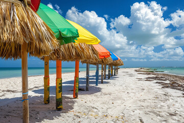 Wall Mural - Beachside cabanas with colorful umbrellas dotting the shore