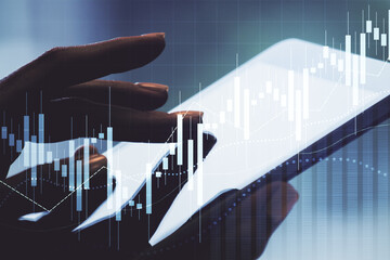 Poster - Multi exposure of abstract financial diagram and hand working with a digital tablet on background, banking and accounting concept