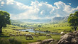 Peaceful countryside landscape with sheep grazing on the green hills.