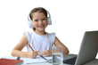 Smiling little girl in headphones handwrite study online using laptop on a transparent background
